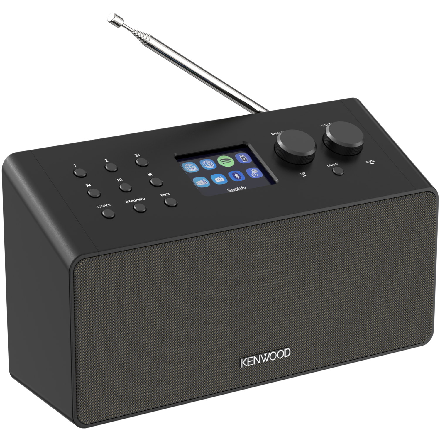 Black radio with a display and antenna. It has buttons and knobs.