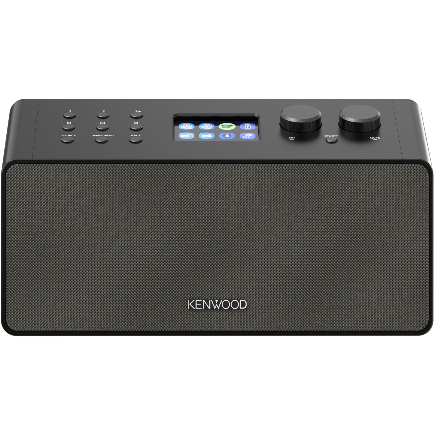 Black Kenwood speaker with buttons, display, and Kenwood logo. It's a rectangular device.