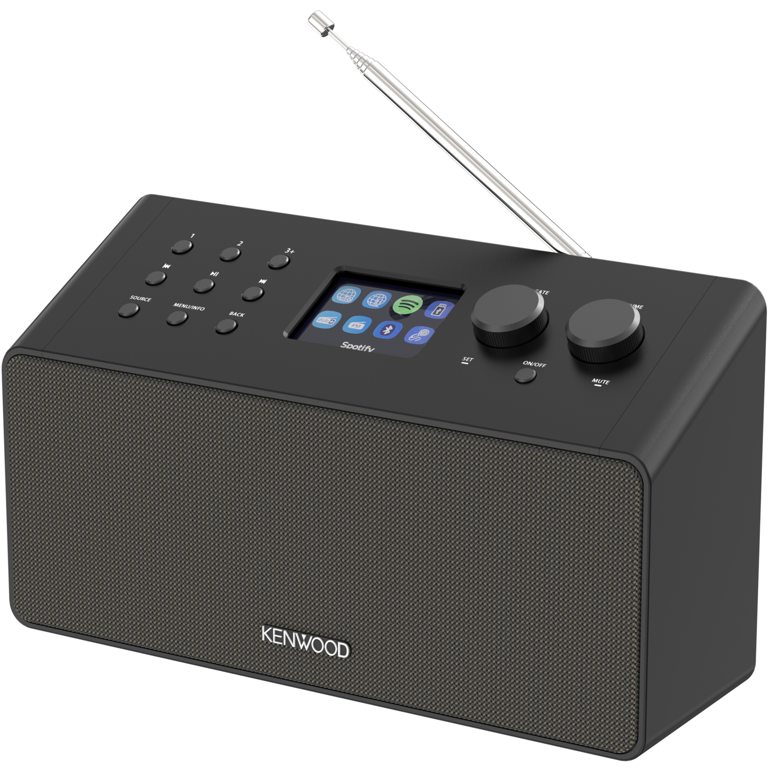 A black Kenwood radio with a screen, several buttons, and an antenna, on a black background.