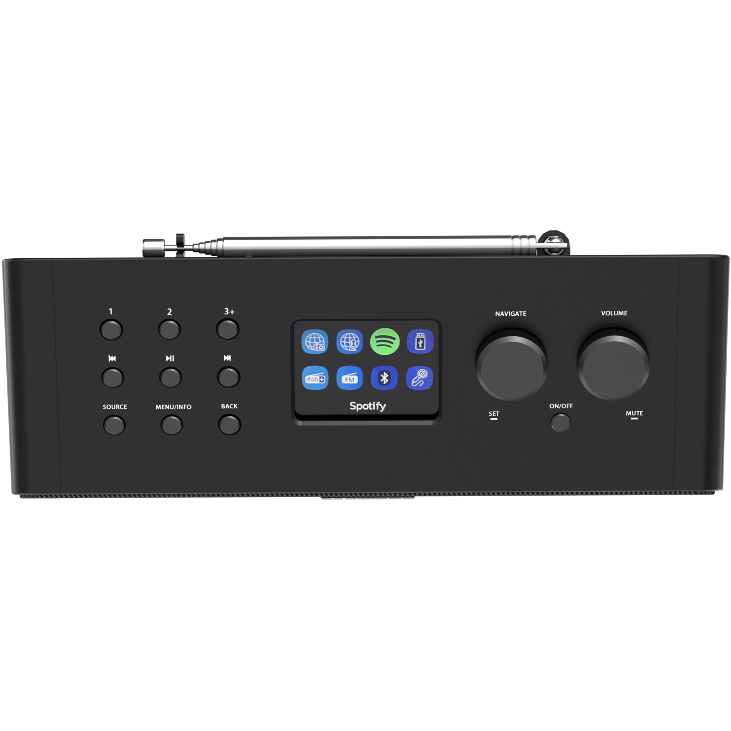 Black stereo receiver with a display showing Spotify icons and controls. It has a silver antenna.