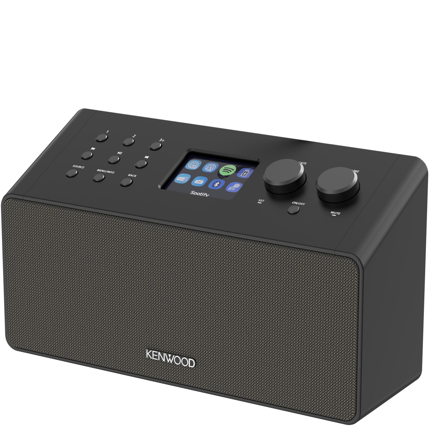 A black radio with a screen and various buttons.