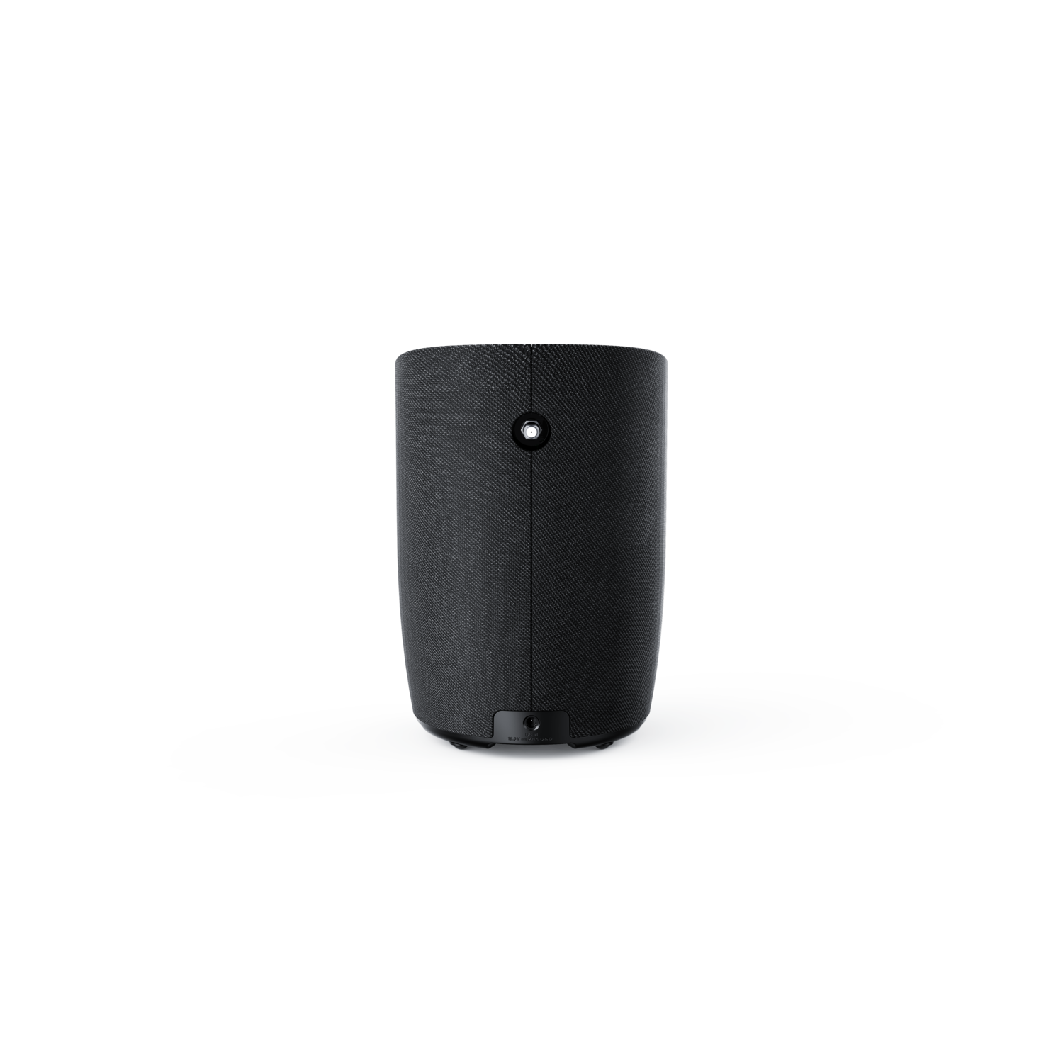 A tall, black cylindrical speaker with a small circular button near the top and a port at the bottom.