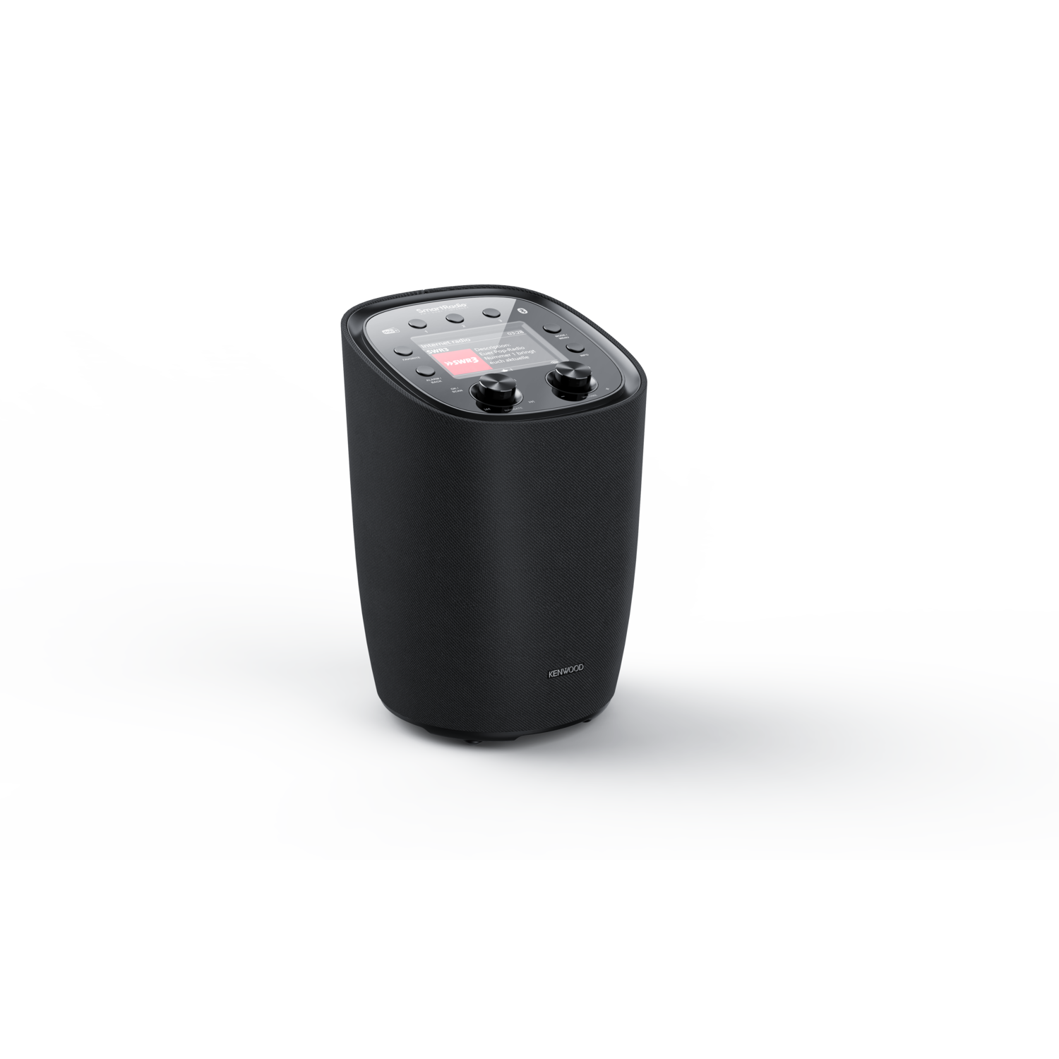 A black Kenwood speaker on a white surface, with control buttons.