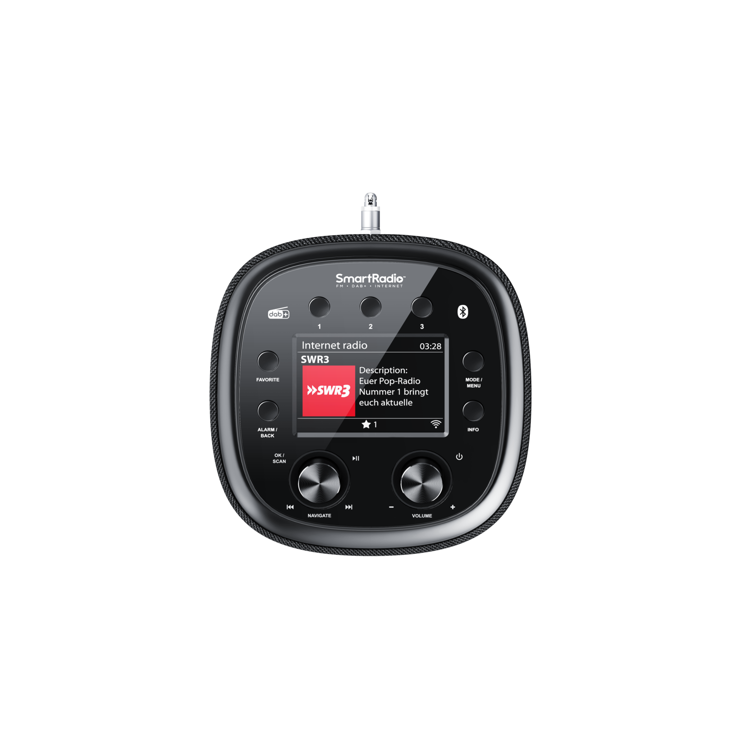 A black, rounded internet radio with buttons and a display. The radio features the SWR3 logo.