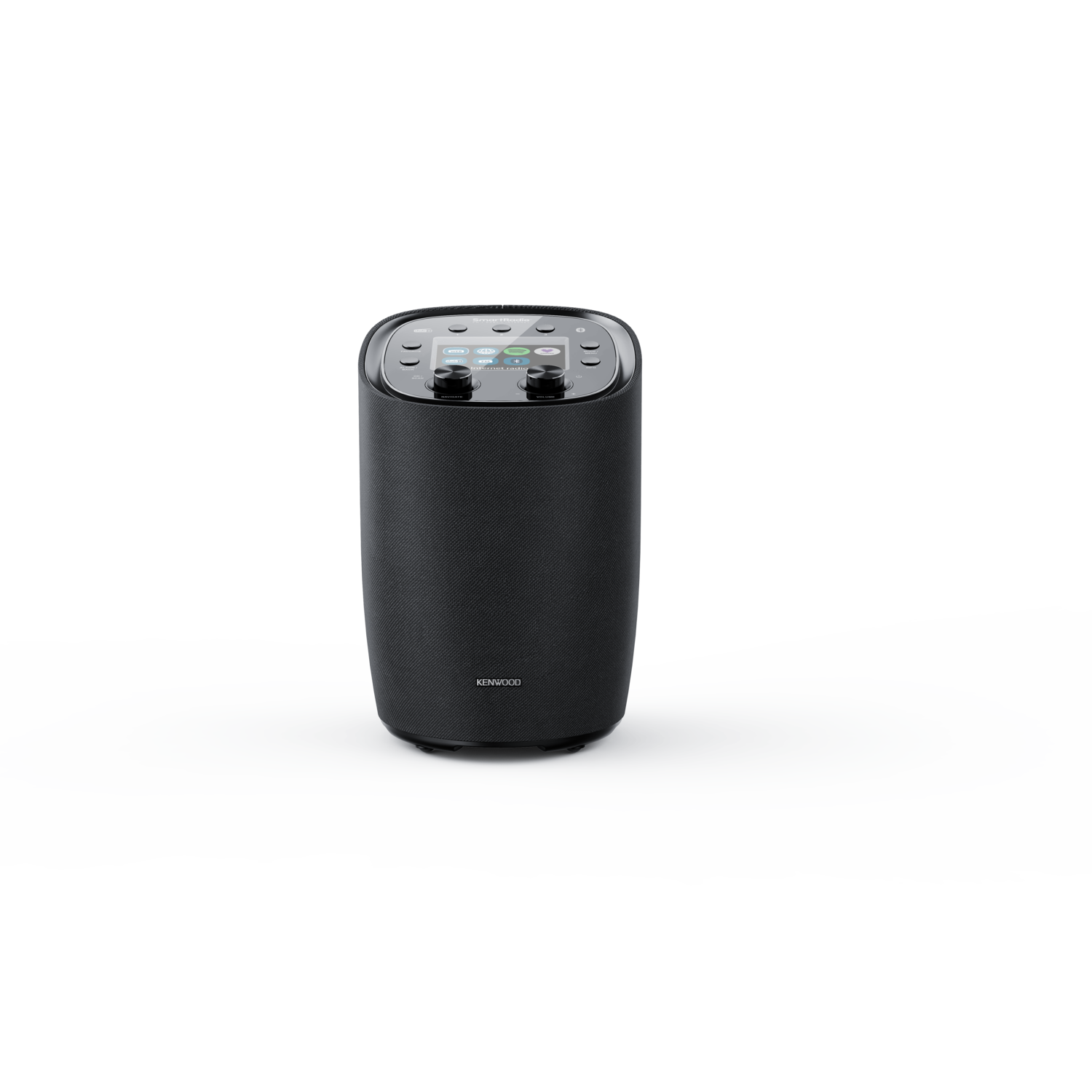 Black cylindrical speaker with controls on top, Kenwood logo on front.