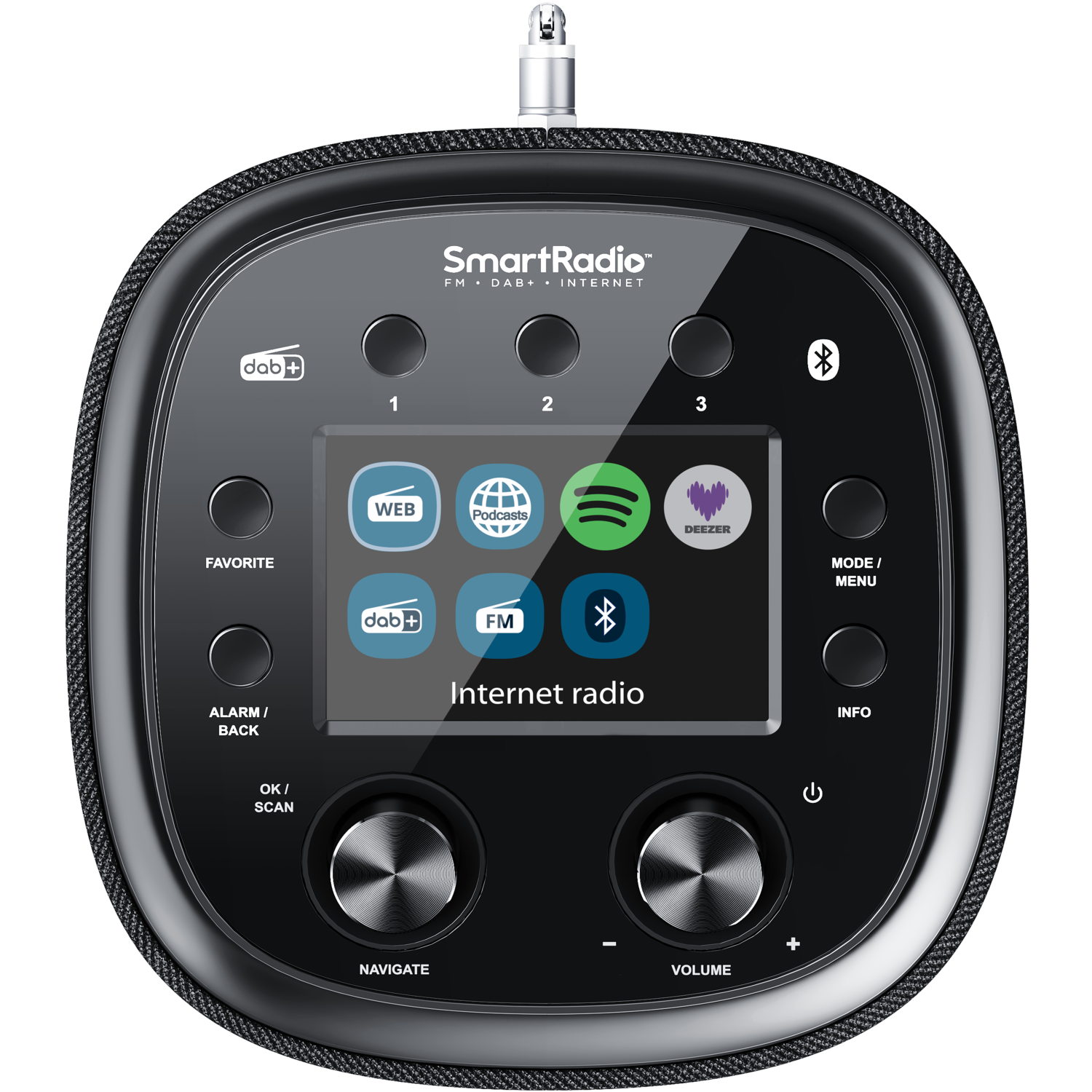 A black internet radio with a screen displaying icons and buttons.