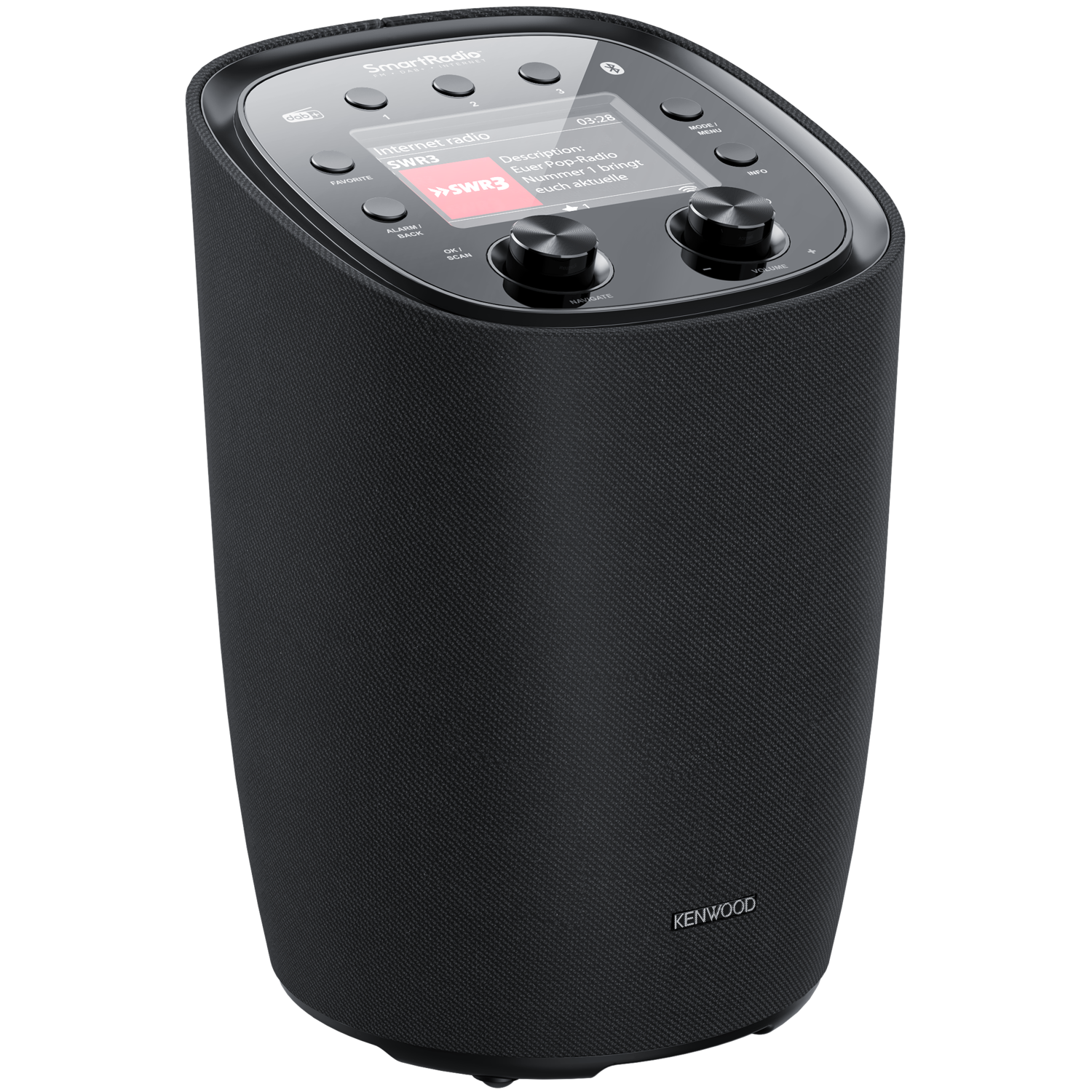 Black Kenwood smart radio. It has a display and buttons. The background is plain.