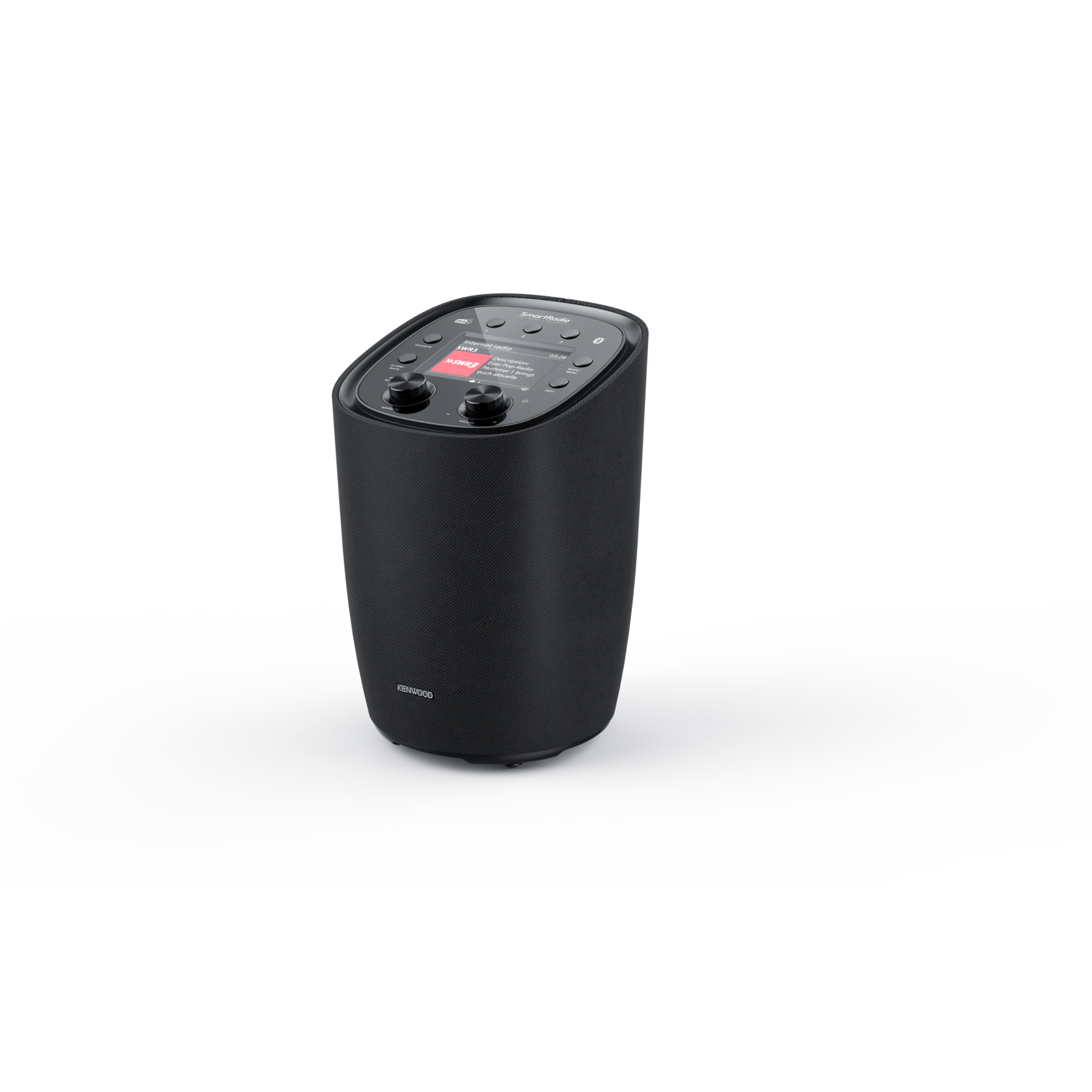 A black Kenwood speaker on a white background. It has a display and control buttons.
