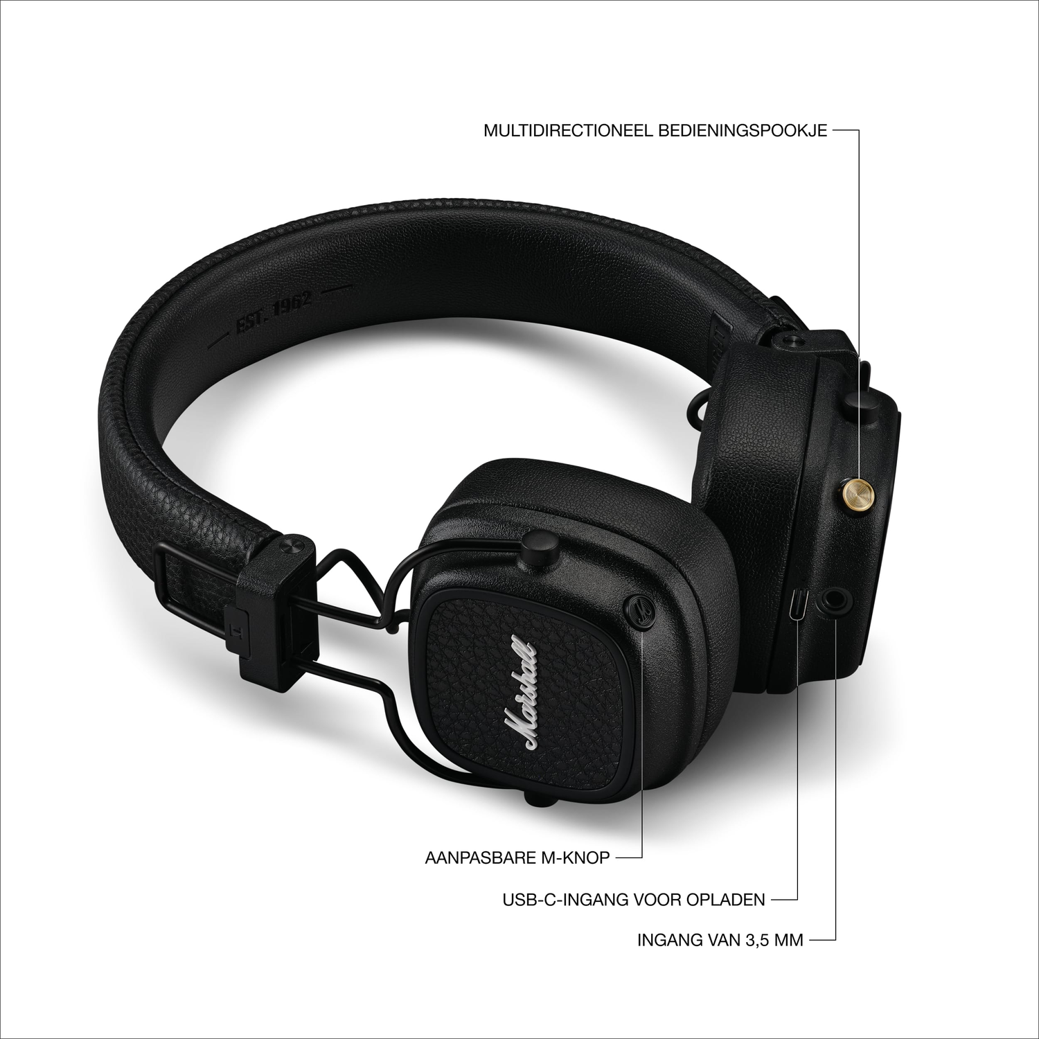 Zwarte koptelefoon met labels die naar functies wijzen: verstelbare knop, USB-C-poort, 3,5 mm ingang en multidirectionele knop.