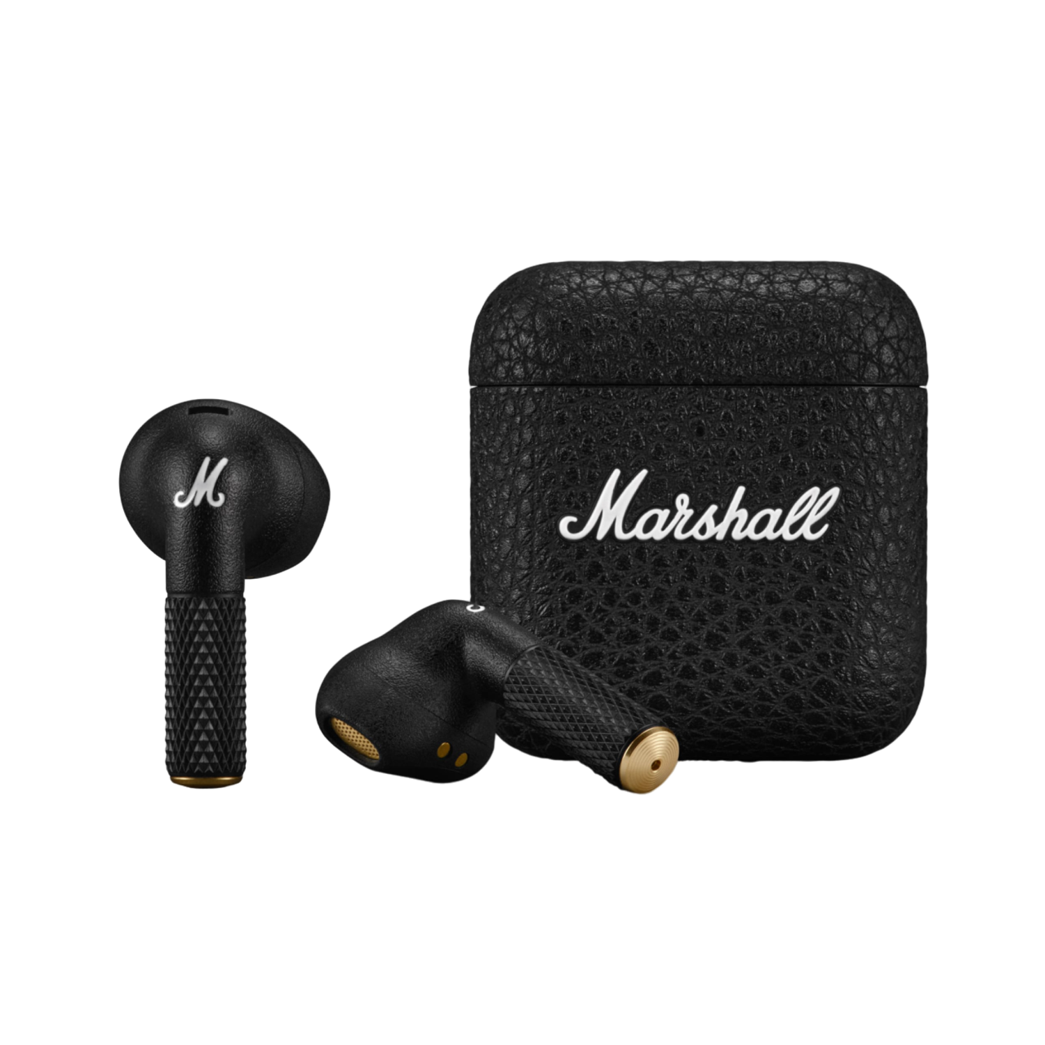 Zwarte Marshall oortelefoons en oplaadcase. Wit Marshall logo op de case.