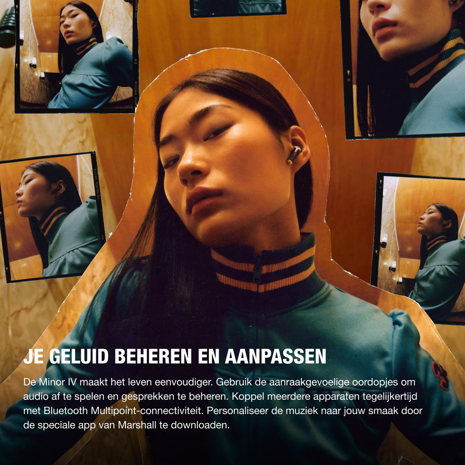 Vrouw met oordopjes, verschillende foto's en tekst.