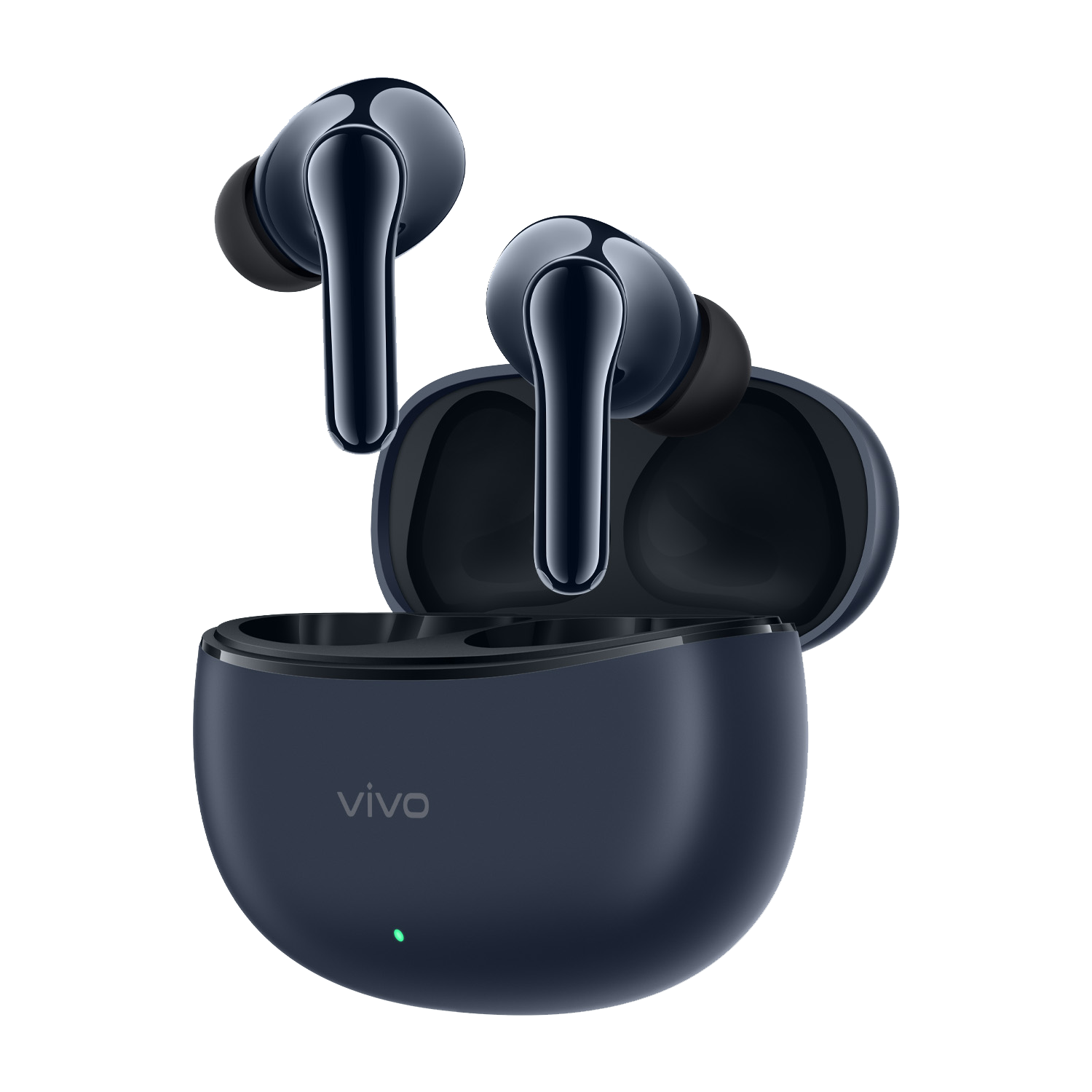 Auriculares inalámbricos Vivo azul oscuro y estuche de carga, abierto, con LED verde encendido.