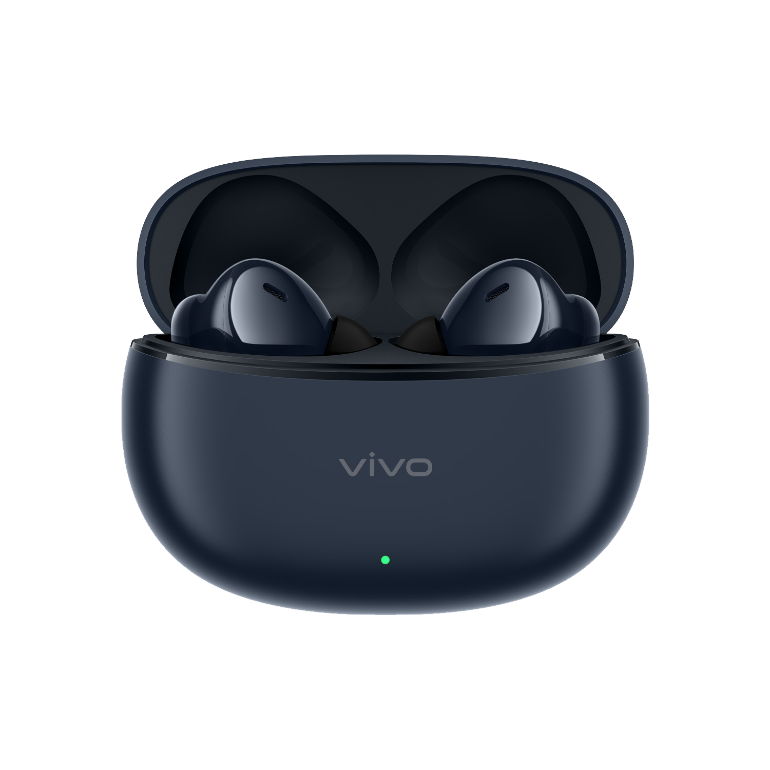 Auriculares vivo azul oscuro en un estuche de carga, luz verde indica carga.