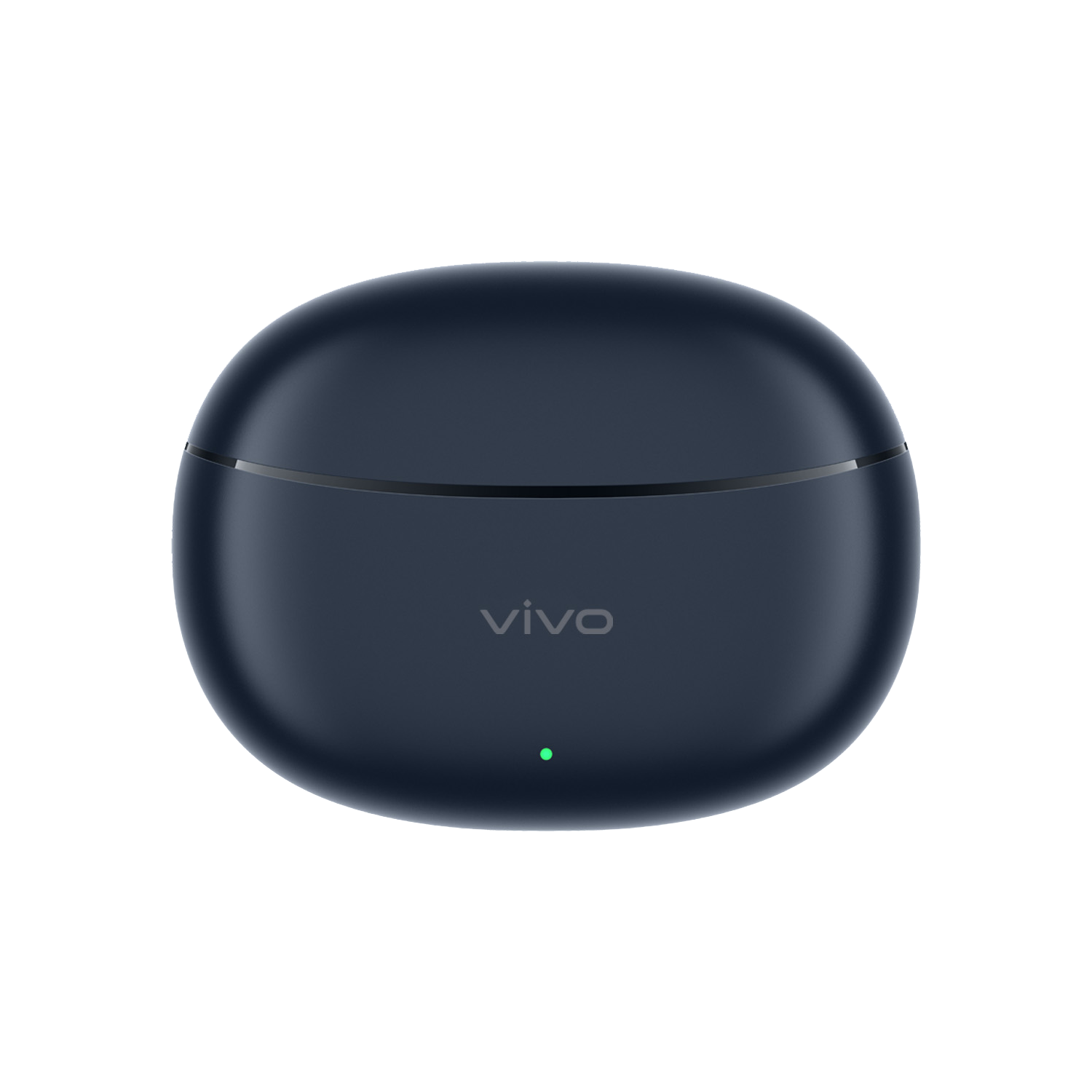Estuche de auriculares Vivo azul oscuro. Una pequeña luz verde indica el estado de carga.