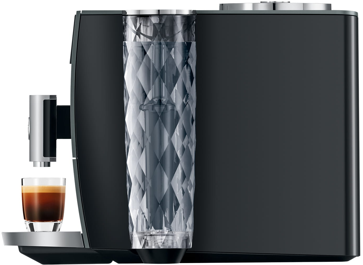 Macchina per espresso nera con serbatoio dell'acqua trasparente e espresso.