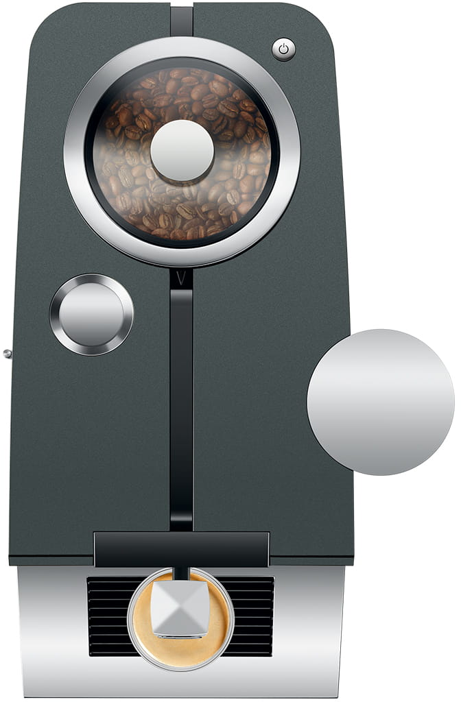 Macchina da caffè con chicchi di caffè visibili. Colori metallici e grigio scuro.