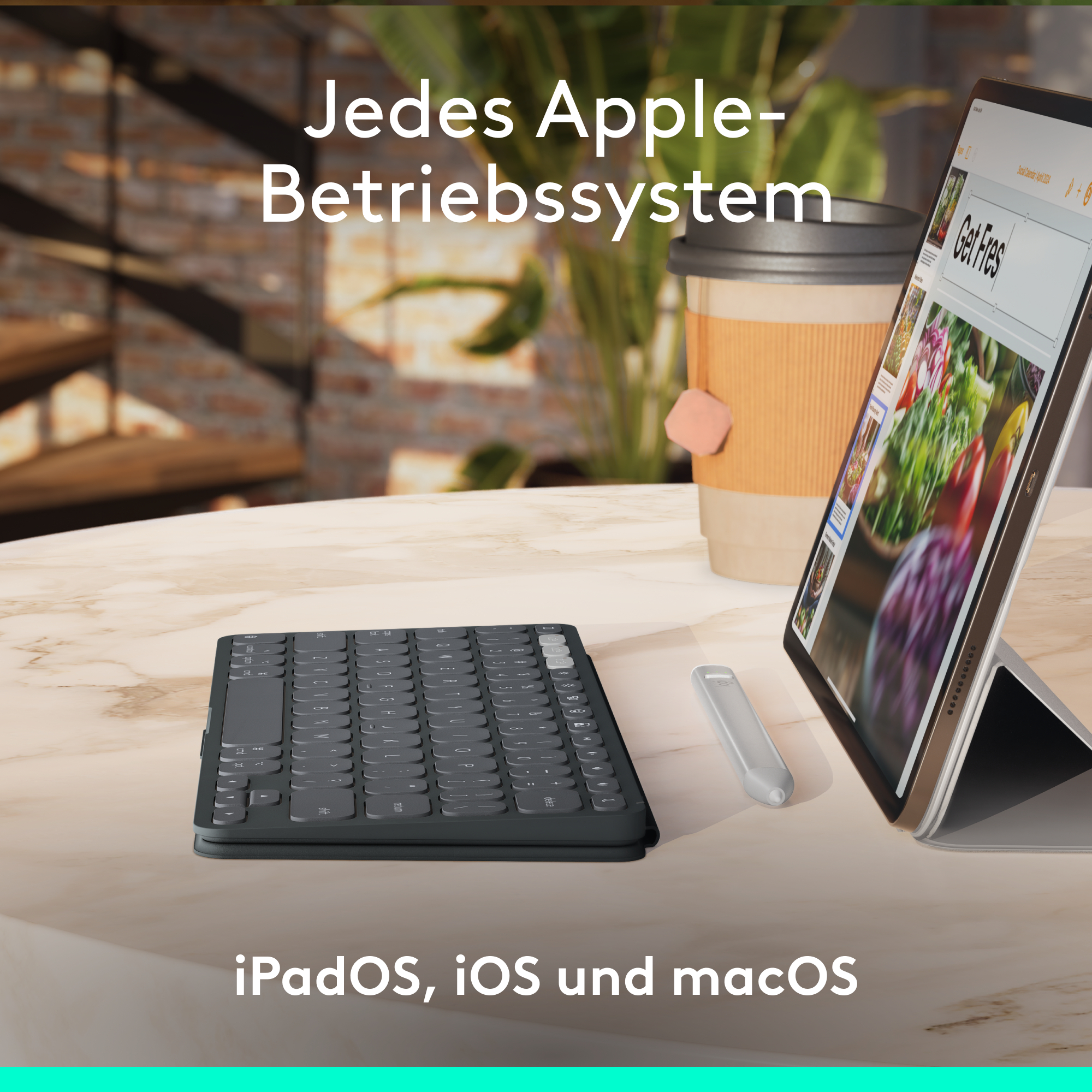 Ein Tablet mit Tastatur und Kaffeetasse. Text: Jedes Apple-Betriebssystem, iPadOS, iOS und macOS.