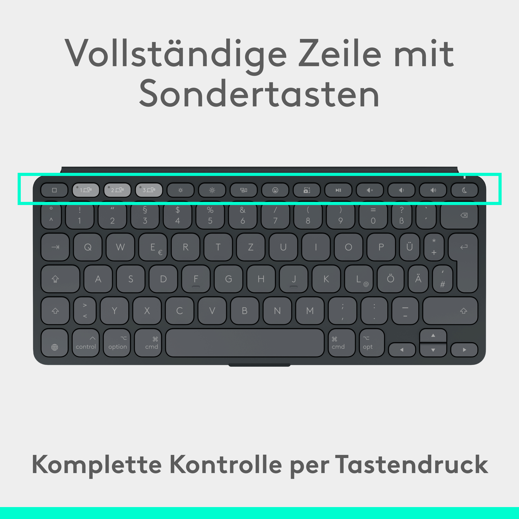 Nahaufnahme einer grauen Tastatur mit hervorgehobenen Funktionstasten, Text oben und unten auf Deutsch.