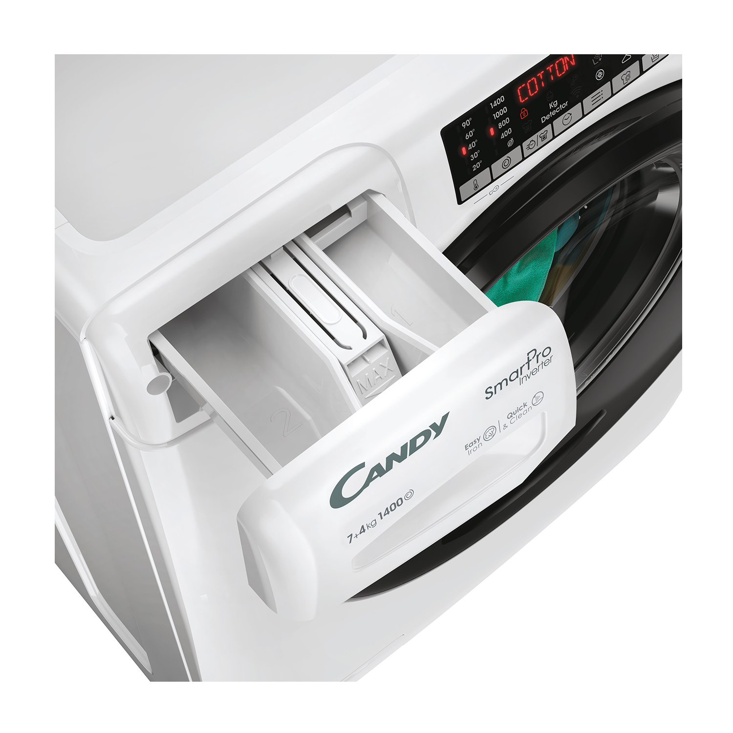 Cassetto lavatrice aperto, con detersivo e testo.