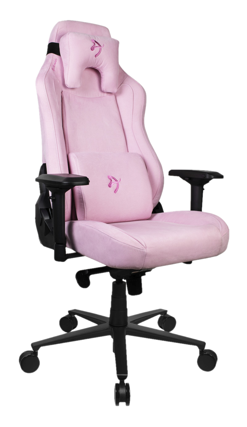 Rosa Gaming-Stuhl mit schwarzen Armlehnen und Untergestell. Mit Kopfstütze, Rückenlehne und Lendenkissen. Logo auf Kopfstütze und Kissen.