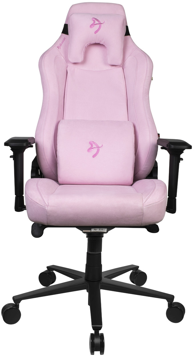 Rosa Gaming-Stuhl mit schwarzen Akzenten. Mit Kopfstütze, Lendenwirbelstütze, Armlehnen und einem schwarzen Gestell mit Rollen. Logo-Detail auf Kopfstütze und Lendenwirbelstütze.