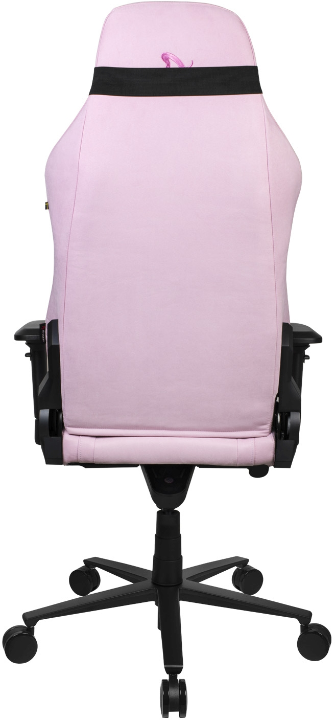 Ein rosa Gaming-Stuhl mit schwarzem Gestell und Armlehnen. Der Stuhl hat ein schwarzes Band oben und ein rosa Band.