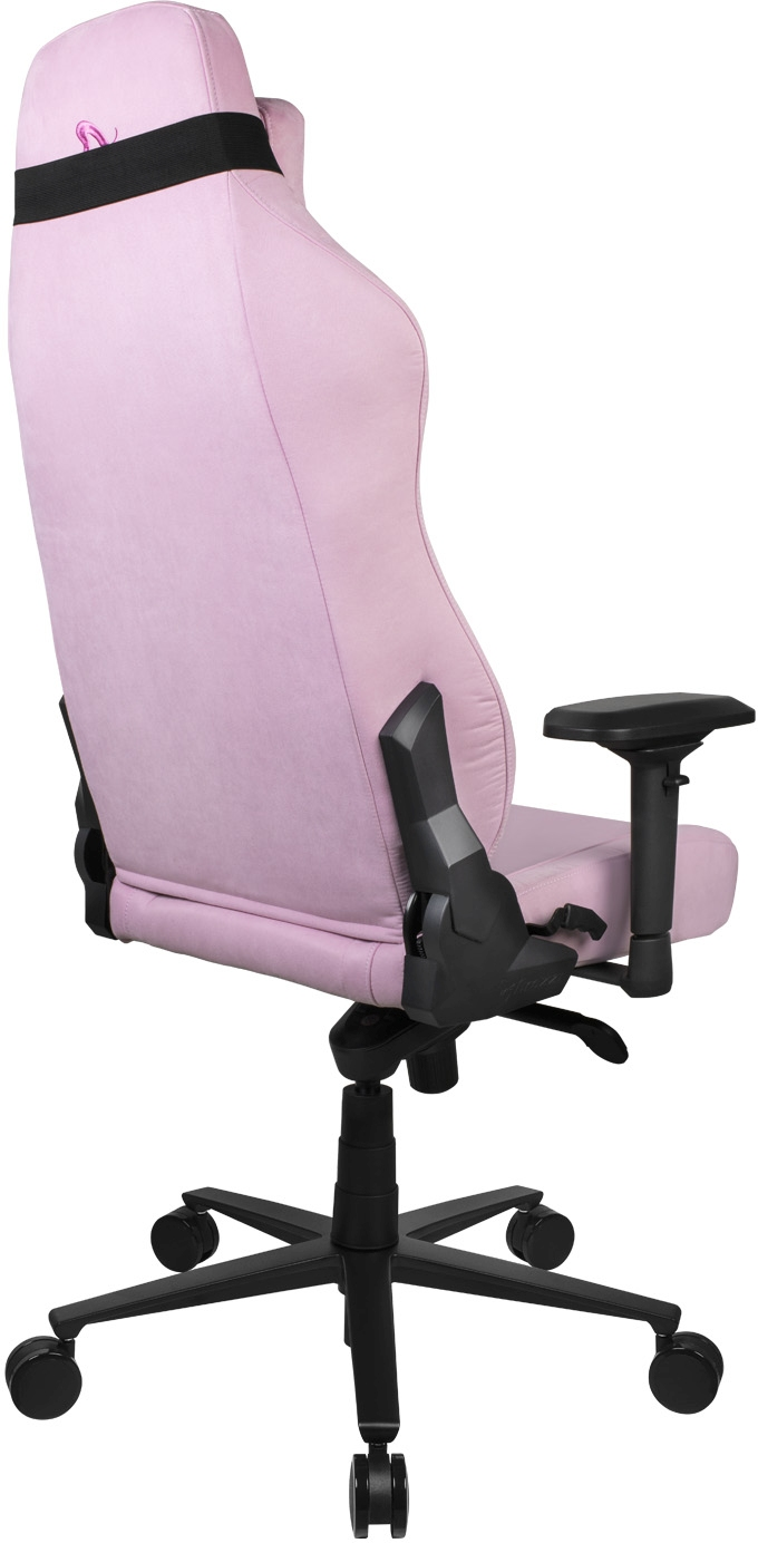 Ein pinkfarbener Gaming-Stuhl mit schwarzen Akzenten. Er hat eine hohe Rückenlehne, Armlehnen und ein Fünf-Sterne-Gestell mit Rollen.