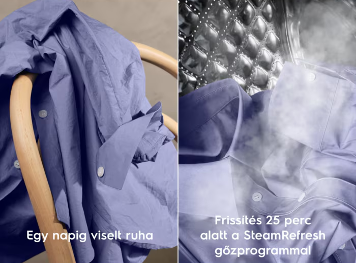 Két kép: az egyik egy gyűrött kék ing a széken, a másik pedig gőzölődik egy gépben.