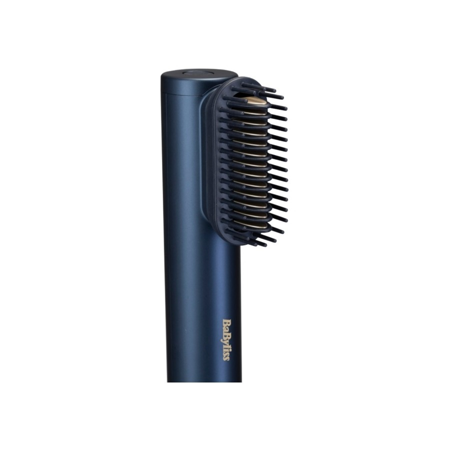 Tarak benzeri bir ataşmanlı mavi bir saç düzleştirici, 'BaByliss' marka adı görünür.