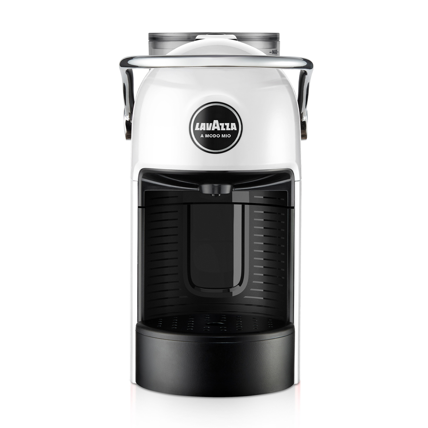 Una macchina da caffè Lavazza bianca e nera. Ha un manico e un beccuccio nero, con una base nera.