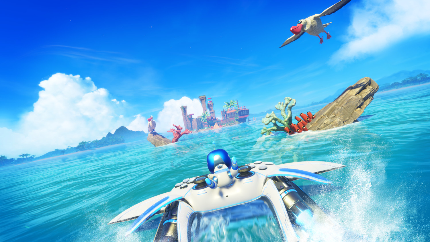A futuristic boat on water with two birds, an island, and the sky.