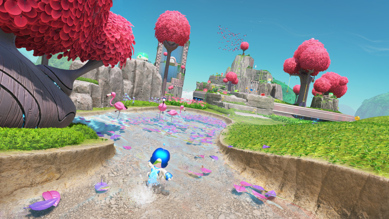 A cartoon-style landscape with pink trees and a character running in a stream.