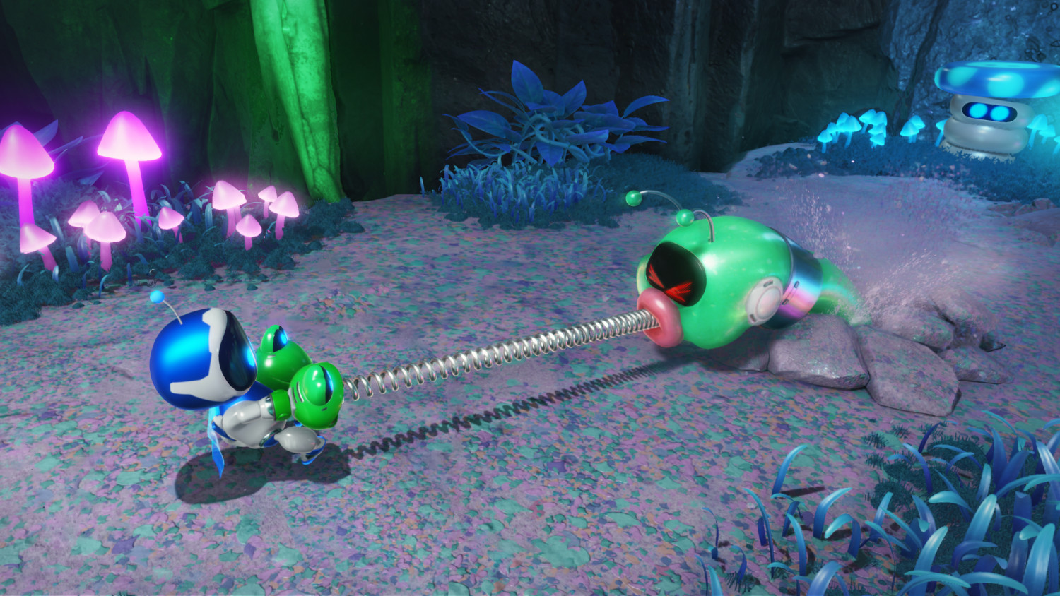 A vibrant scene from a game with a robot character using a spring to attack a green monster.