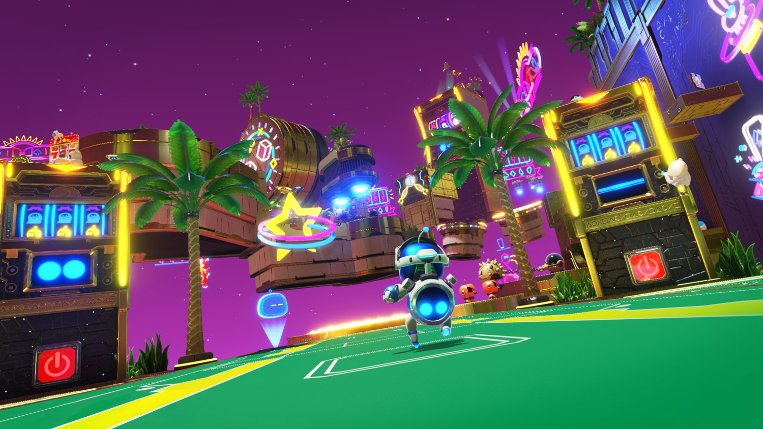 Astro Bot running in a colorful, futuristic city.