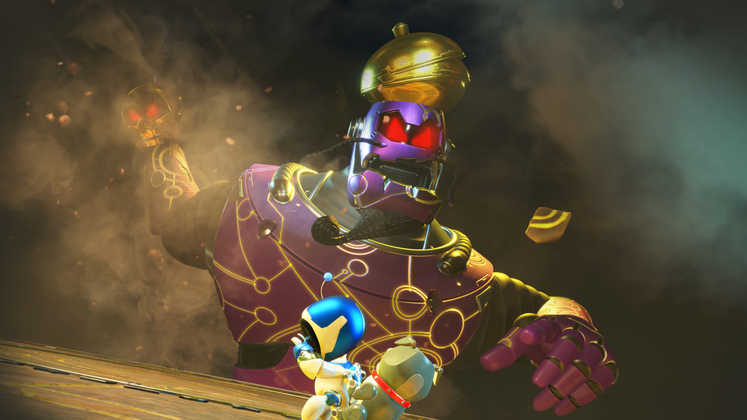 A large, purple robot fighting two small figures in a video game setting.