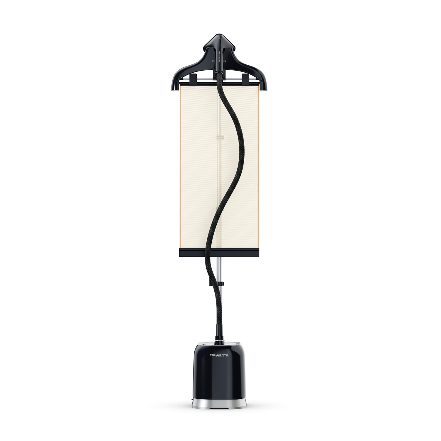Uno vaporizzatore per abiti nero e beige, con manico e base neri. Un tubo nero pende.