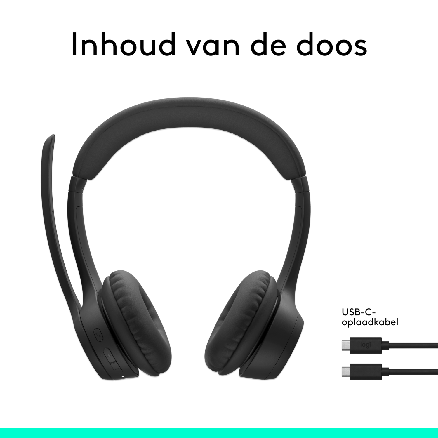 Black headset and charging cables. In box content view. White background.