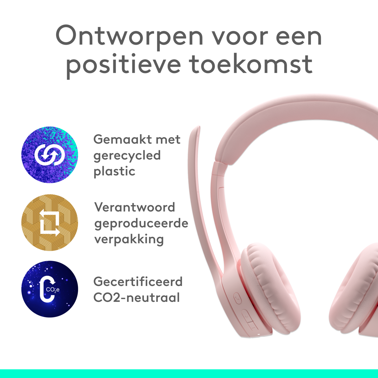 Roze koptelefoon en iconen met tekst die gerecycled plastic, verantwoorde verpakkingen en CO2-neutraliteit promoten.