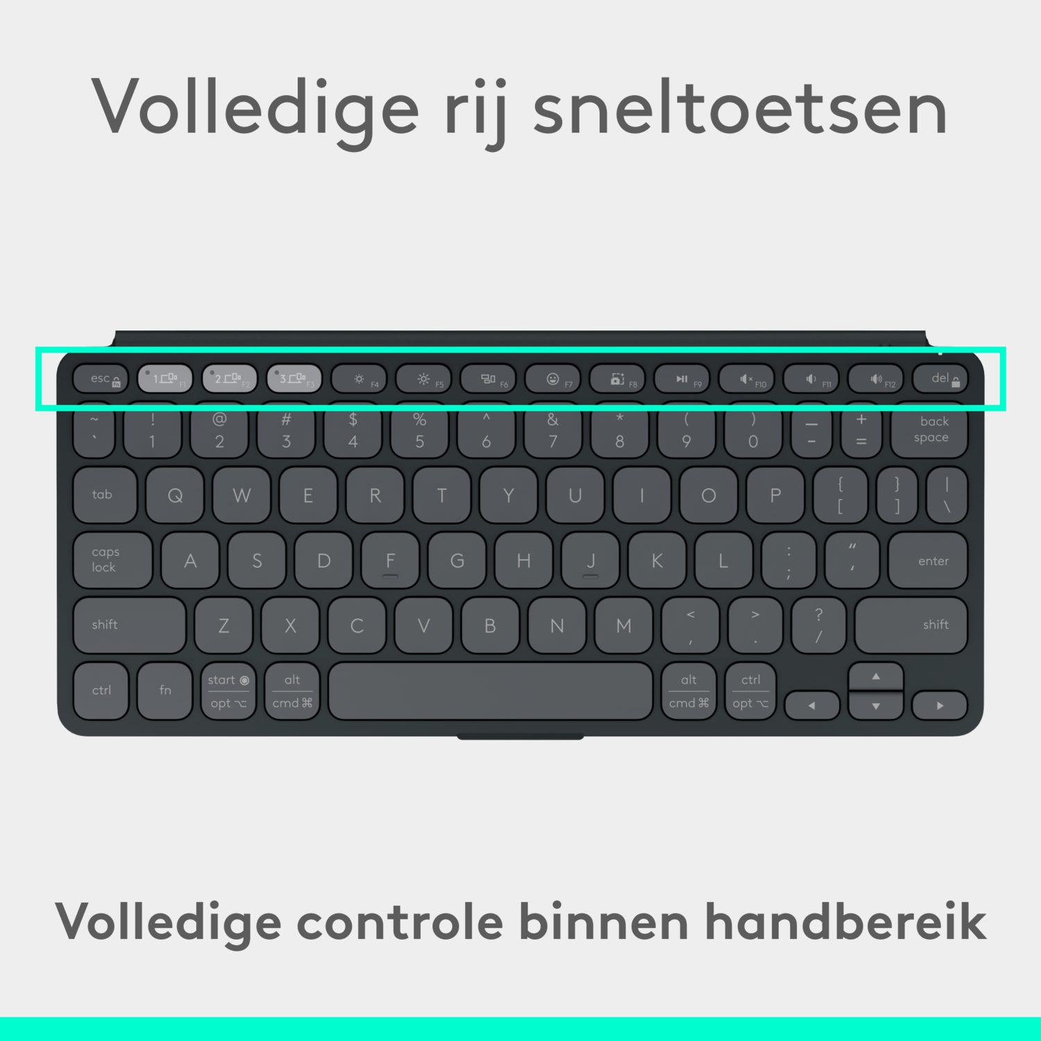 Toetsenbord met volledige set sneltoetsen. De toetsen zijn grijs, de achtergrond is wit.