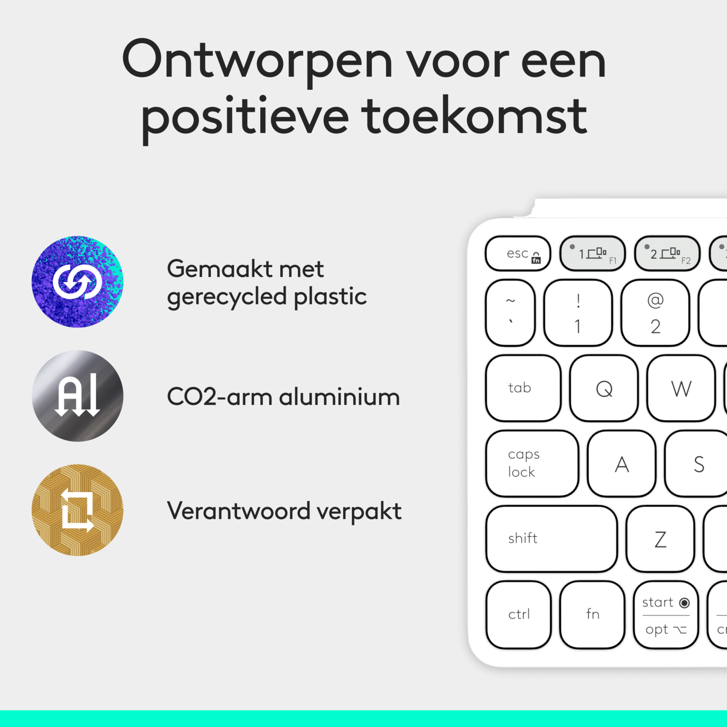 White keyboard with icons and text. Designed for a positive future, recycled plastic.