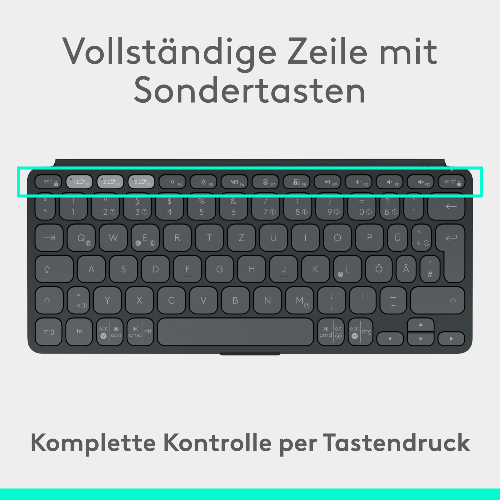 Tastatur mit einer kompletten oberen Reihe von Sondertasten und dunklem Farbschema.