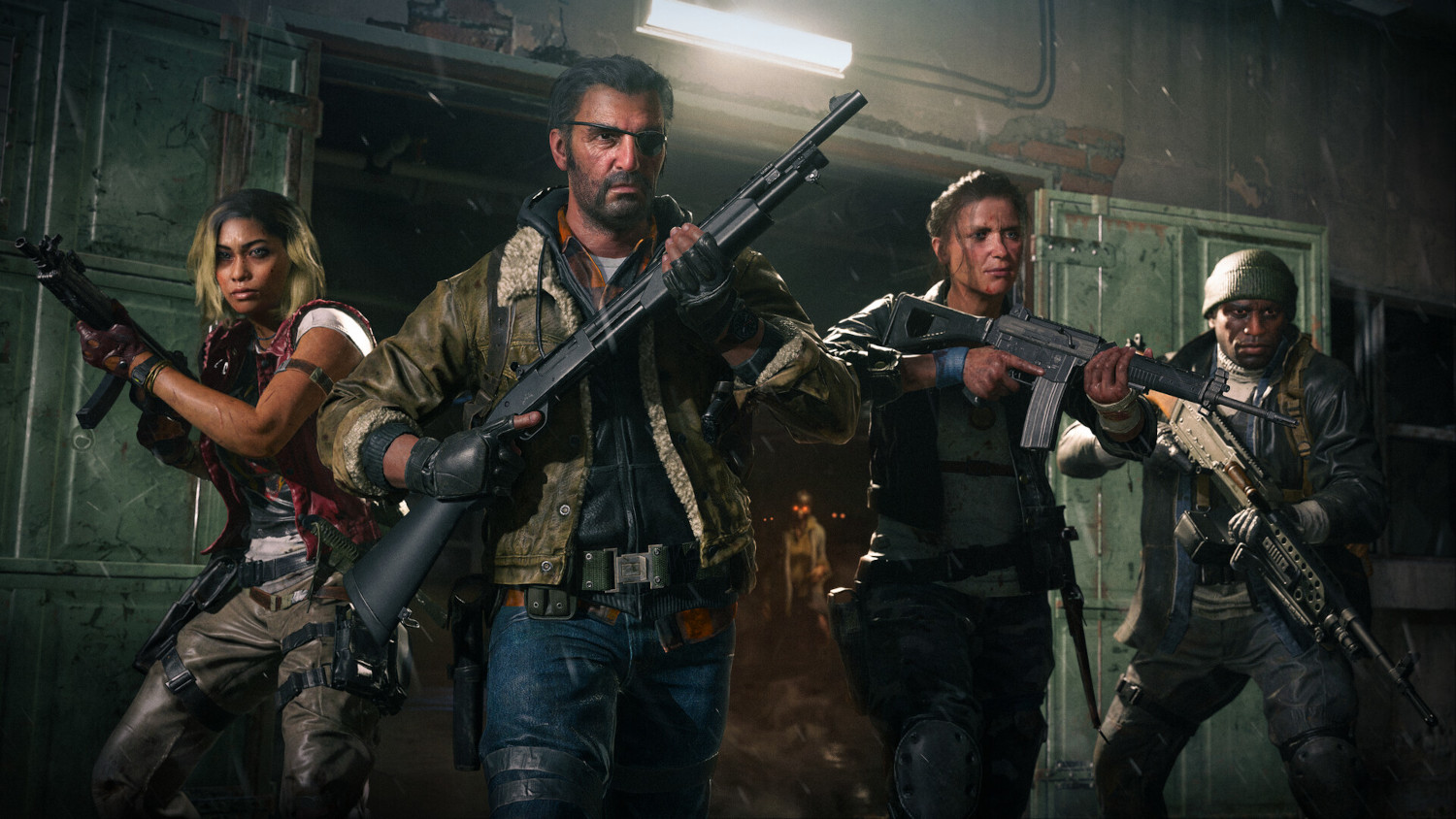 Vier personages uit een videogame, die wapens vasthouden in een donkere, grimmige omgeving.