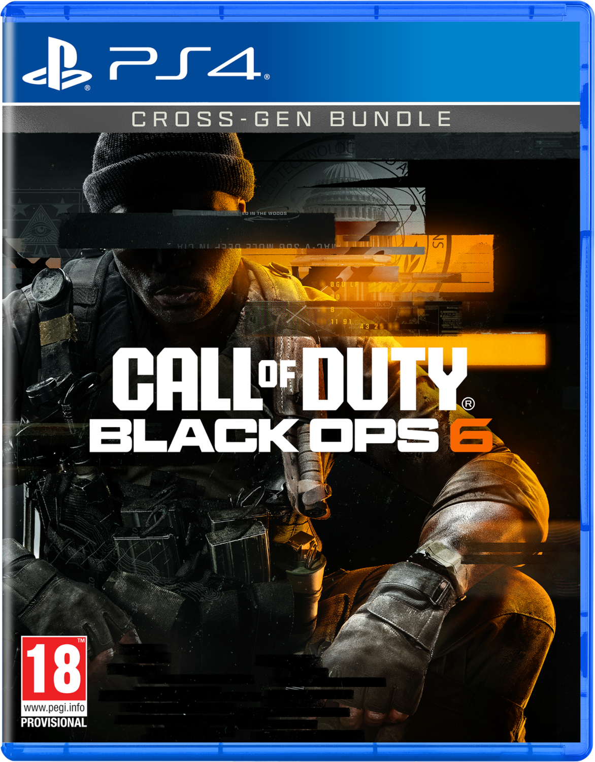 Call of Duty: Black Ops 6 PS4 game cover. Een soldaat in een zwart tactisch vest en een zwarte beanie.
