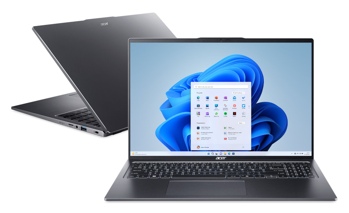 Dwa laptopy Acer, jeden otwarty, wyświetlający Windows 11. Drugi zamknięty, szary i pod kątem.