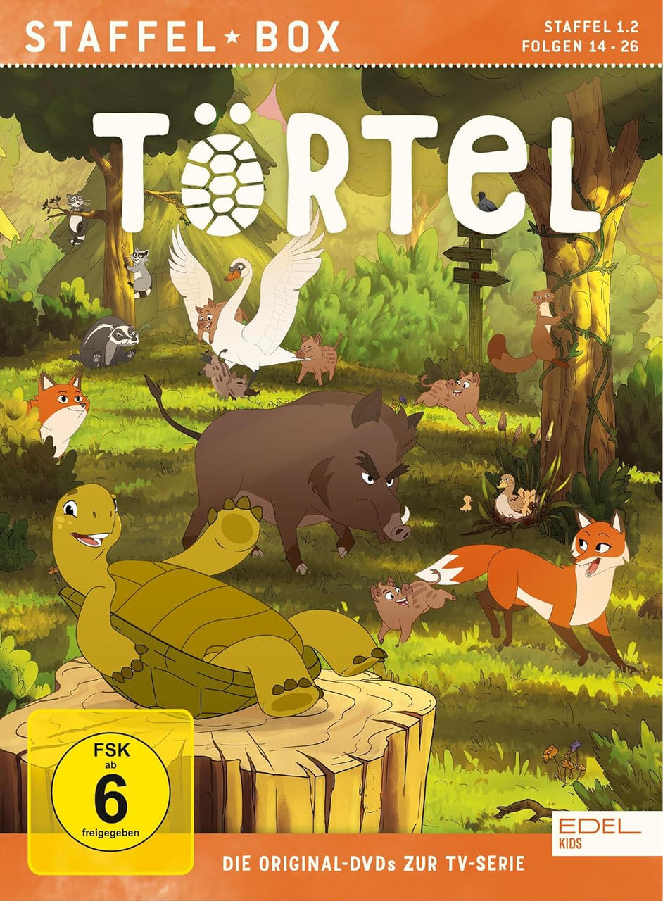 Animierte DVD-Hülle mit vielen Zeichentieren, darunter eine Schildkröte, ein Fuchs und ein Wildschwein in einem Wald.