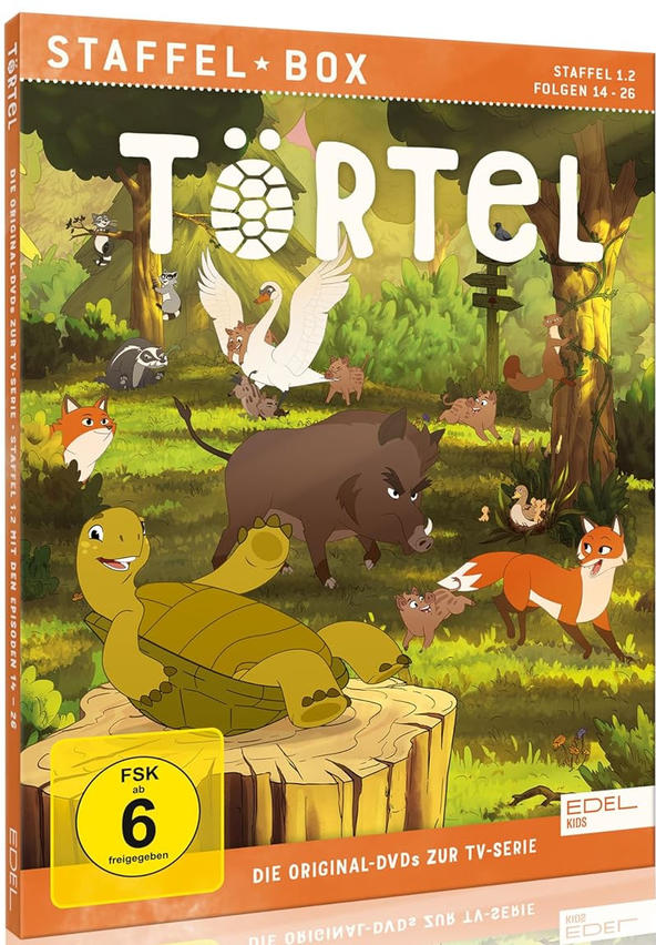 DVD-Cover für Zeichentrickfilm: Schildkröte, Tiere in einer Waldszene mit Text.