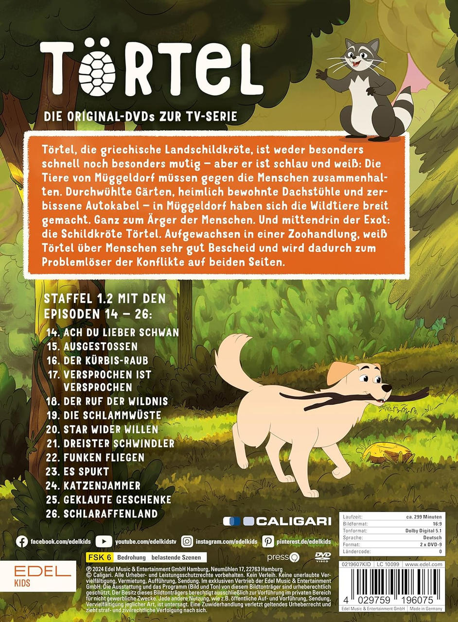 DVD-Cover der TV-Serie 'Törtel'. Zeigt einen Hund mit einem Stock. Hintergrund ist ein Cartoon-Wald.