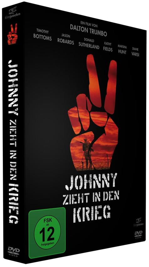DVD-Box: Johnny zieht in den Krieg. Hand mit Peace-Zeichen. Schwarzer Hintergrund.