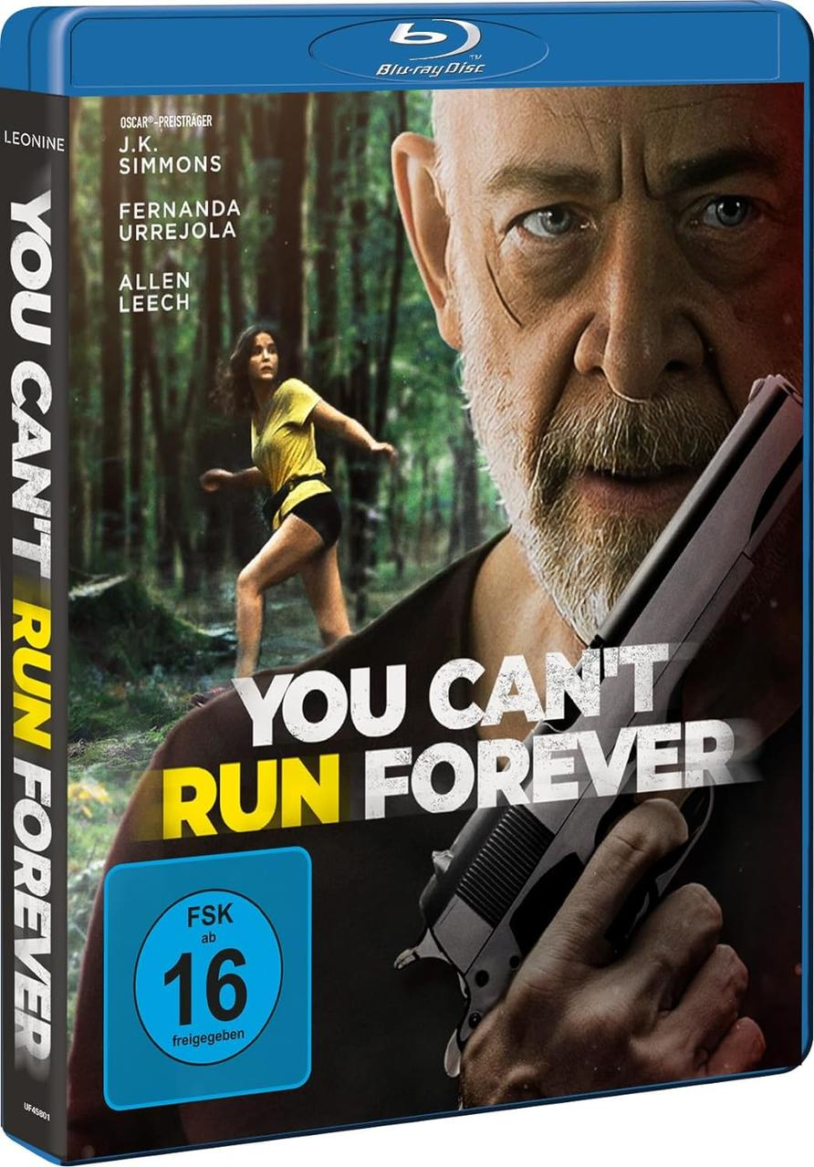 Blu-ray-Hülle: You Can't Run Forever. Bild eines Mannes mit einer Waffe. Blauer Hintergrund.