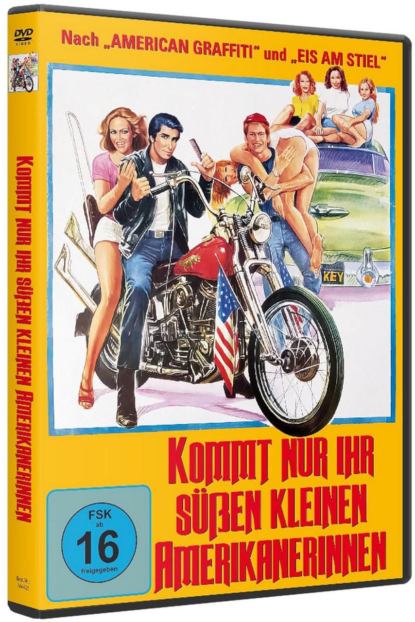 Eine DVD-Hülle mit Filmbildern von Leuten auf einem Motorrad und gelbem Hintergrund.